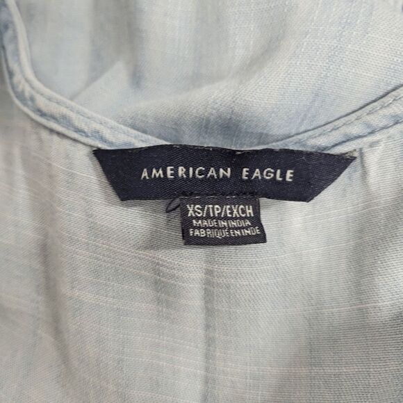 American Eagle Blue Chambray Denim Flowy Ruffle Blouse Size X-Small - Picture 5 of 8